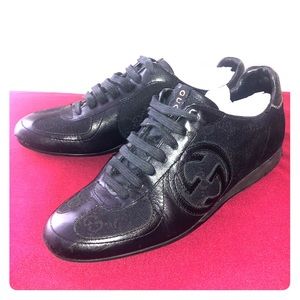 GUCCI black classic GG print and leather sneakers